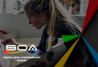 Student painting artwork, branded with the BOA (Birmingham Ormiston Academy) Creative, Digital & Performing Arts Academy logo