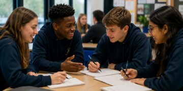 Four secondary school students in navy uniforms smiling and collaborating on schoolwork at a wooden table in a bright classroom