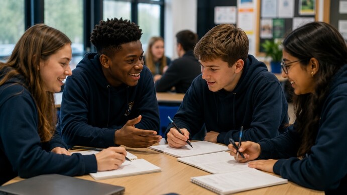 Four secondary school students in navy uniforms smiling and collaborating on schoolwork at a wooden table in a bright classroom