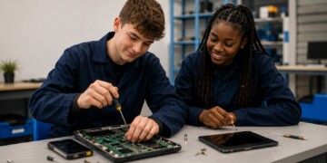 Two students in navy workwear soldering circuit board components in a digital technology lab, smiling while working together
