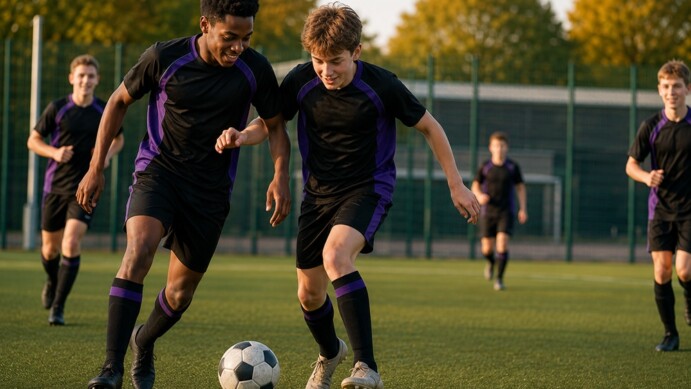 Young football players in black and purple kit competing for the ball during a match on an outdoor pitch