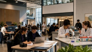 Students working in a modern multi-level STEM facility with digital tech stations and science labs, collaborative learning environment
