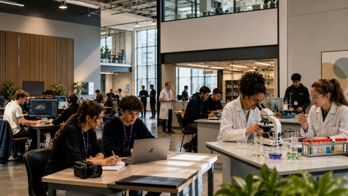 Students working in a modern multi-level STEM facility with digital tech stations and science labs, collaborative learning environment