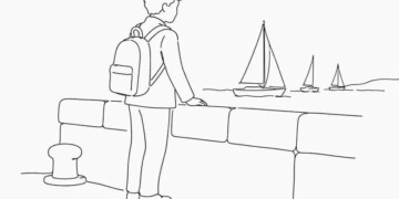 Illustration of a student looking out at sailing boats from a harbour wall, wearing a school backpack