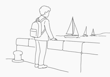 Illustration of a student looking out at sailing boats from a harbour wall, wearing a school backpack