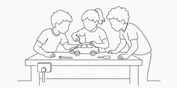Illustration of three children building a model car together at a workbench
