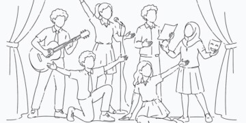 Illustration of a group of students performing music and drama on a stage
