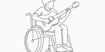 Illustration of a boy using a wheelchair playing guitar