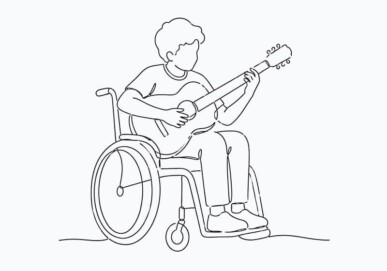 Illustration of a boy using a wheelchair playing guitar