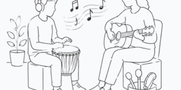 Illustration of two young people playing a drum and guitar together