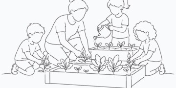 Illustration of an adult and three children planting seedlings in a raised garden bed