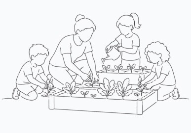Illustration of an adult and three children planting seedlings in a raised garden bed
