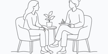 Illustration of two women in a one-to-one support conversation