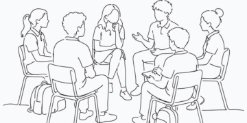 Illustration of a group of young people sitting in a circle talking