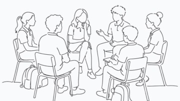 Illustration of a group of young people sitting in a circle talking