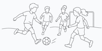 Illustration of four children playing football