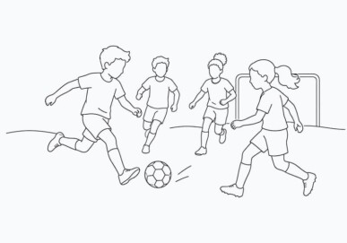 Illustration of four children playing football