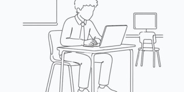 Illustration of a student working on a laptop at a classroom desk