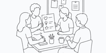 Illustration of young people discussing a wellbeing worksheet with heart, lightbulb and star icons