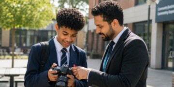 Male student reviewing photographs on a DSLR camera with a male teacher outdoors
