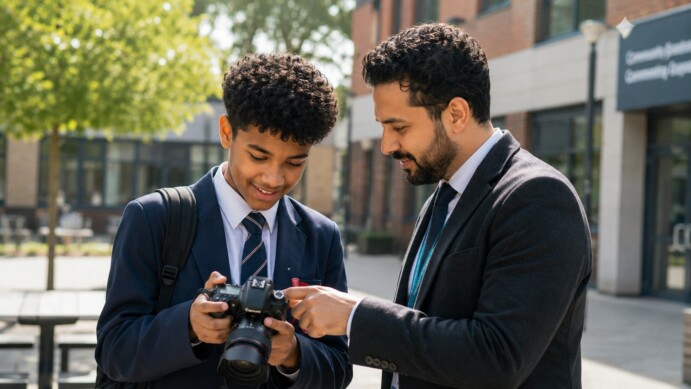 Male student reviewing photographs on a DSLR camera with a male teacher outdoors