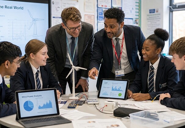 Business professionals leading a wind energy lesson for secondary school students using a model turbine and data tablets