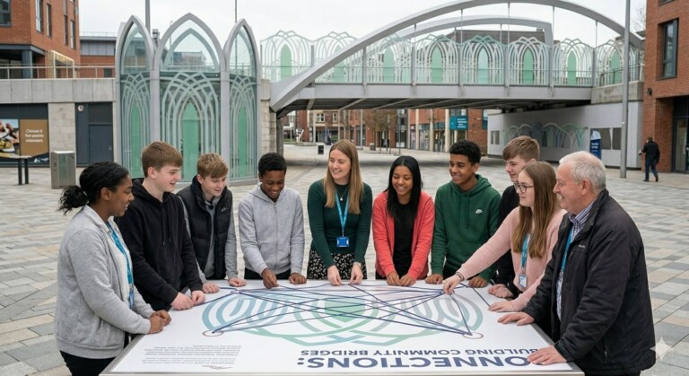 Group of students and Ormiston staff gathered around a Connections: Building Community Bridges installation in an urban public space