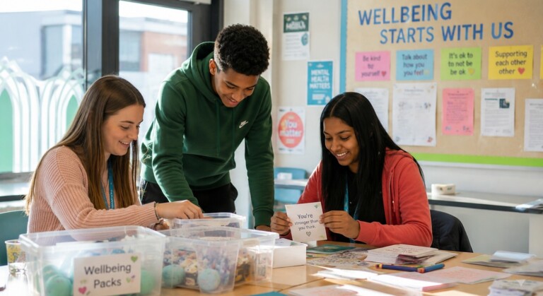 Teenagers assembling wellbeing packs in a school room decorated with mental health awareness posters