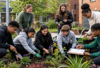 Students and a teacher planting flowers in a raised garden bed at an urban school