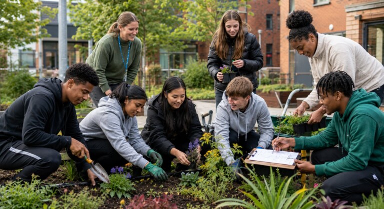 Students and a teacher planting flowers in a raised garden bed at an urban school