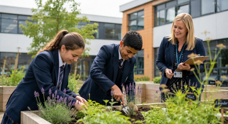 Students gardening in raised herb beds in a school courtyard with a teacher supervising