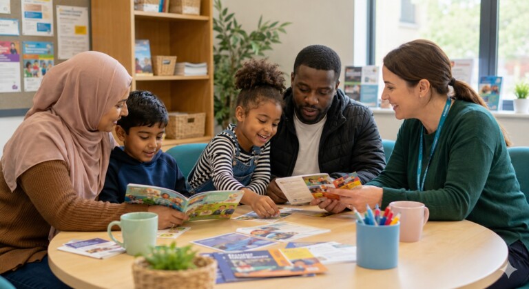 Diverse families and an Ormiston staff member reviewing educational resources together in a community room