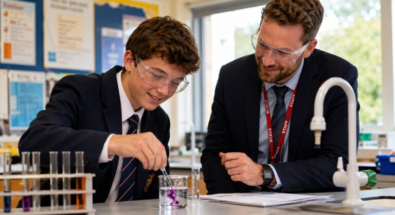 Student conducting a chemistry experiment with a teacher in a school science laboratory