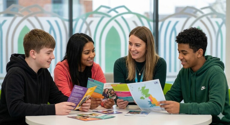 Young people and a youth worker reviewing careers and opportunity leaflets in a bright community space