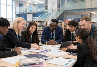 Teachers and students collaborating over documents in a secondary school library