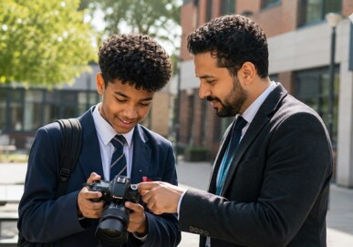 Male student reviewing photographs on a DSLR camera with a male teacher outdoors
