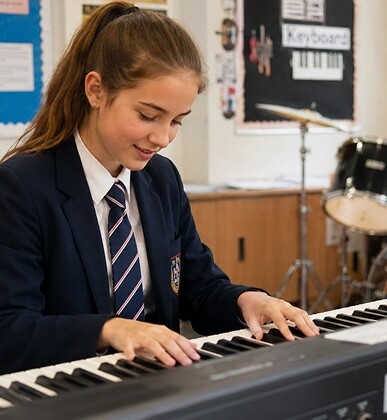 Female secondary school student playing a Roland keyboard in a music classroom