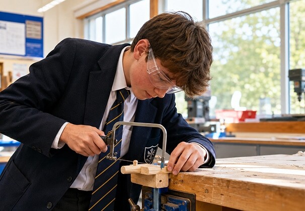Male secondary school student using a junior hacksaw in a design technology workshop