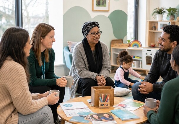 Parents and families in conversation with an Ormiston youth worker in a warm community room