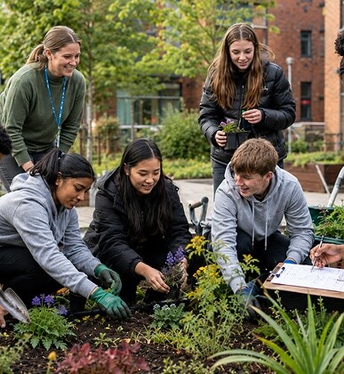 Group of young people and a youth worker planting flowers in a garden bed in an urban community space