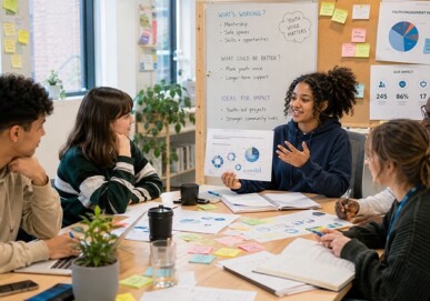 Young people in a youth engagement session discussing community impact ideas around a table covered in sticky notes and data charts