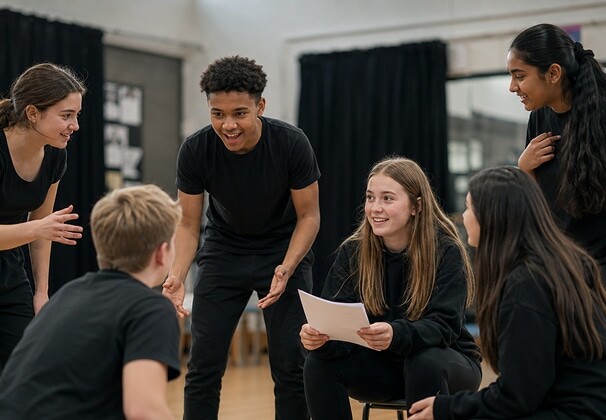 Secondary school students rehearsing drama scripts in a black-box theatre studio