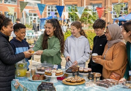 Young people serving food at an outdoor school bake sale fundraiser decorated with bunting