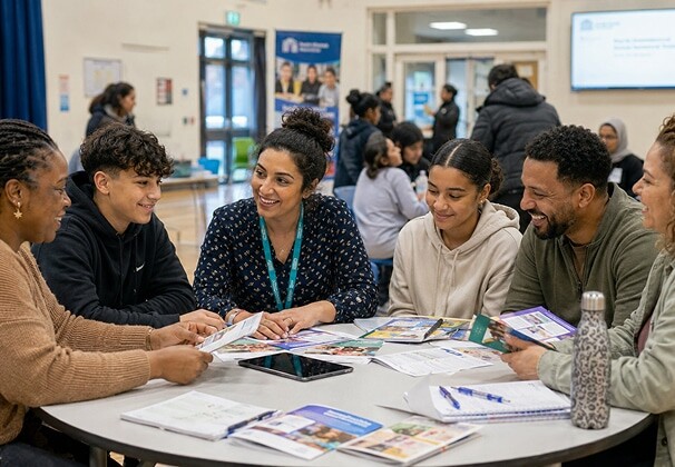 Family and young person engaged in a discussion with an Ormiston youth worker at a community event