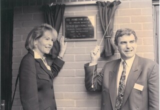 Black and white photograph of the official opening of the Colchester Ormiston Centre, March 1995