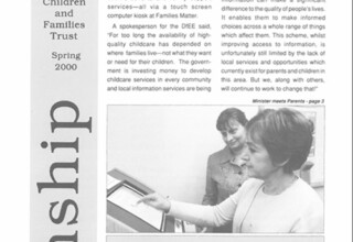 Cover of Kinship newsletter, Spring 2000, featuring a ministerial visit to Families Matter