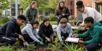 Group of young people and a teacher planting flowers in a garden bed in an urban school courtyard