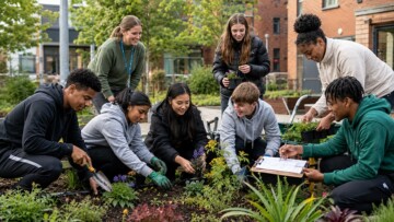 Group of young people and a teacher planting flowers in a garden bed in an urban school courtyard