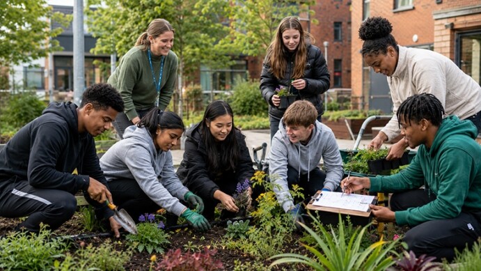 Group of young people and a teacher planting flowers in a garden bed in an urban school courtyard